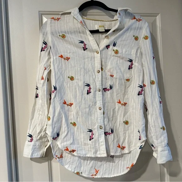 Maeve By Anthropologie 100% Cotton Embroidered Koi Button-Down Shirt - Picture 2 of 6